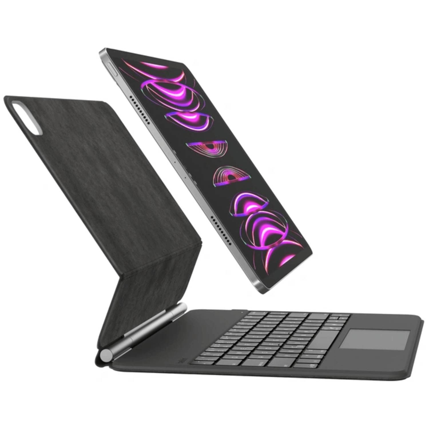 Tablet and keyboard case. Black tablet, keyboard, and case. White background.