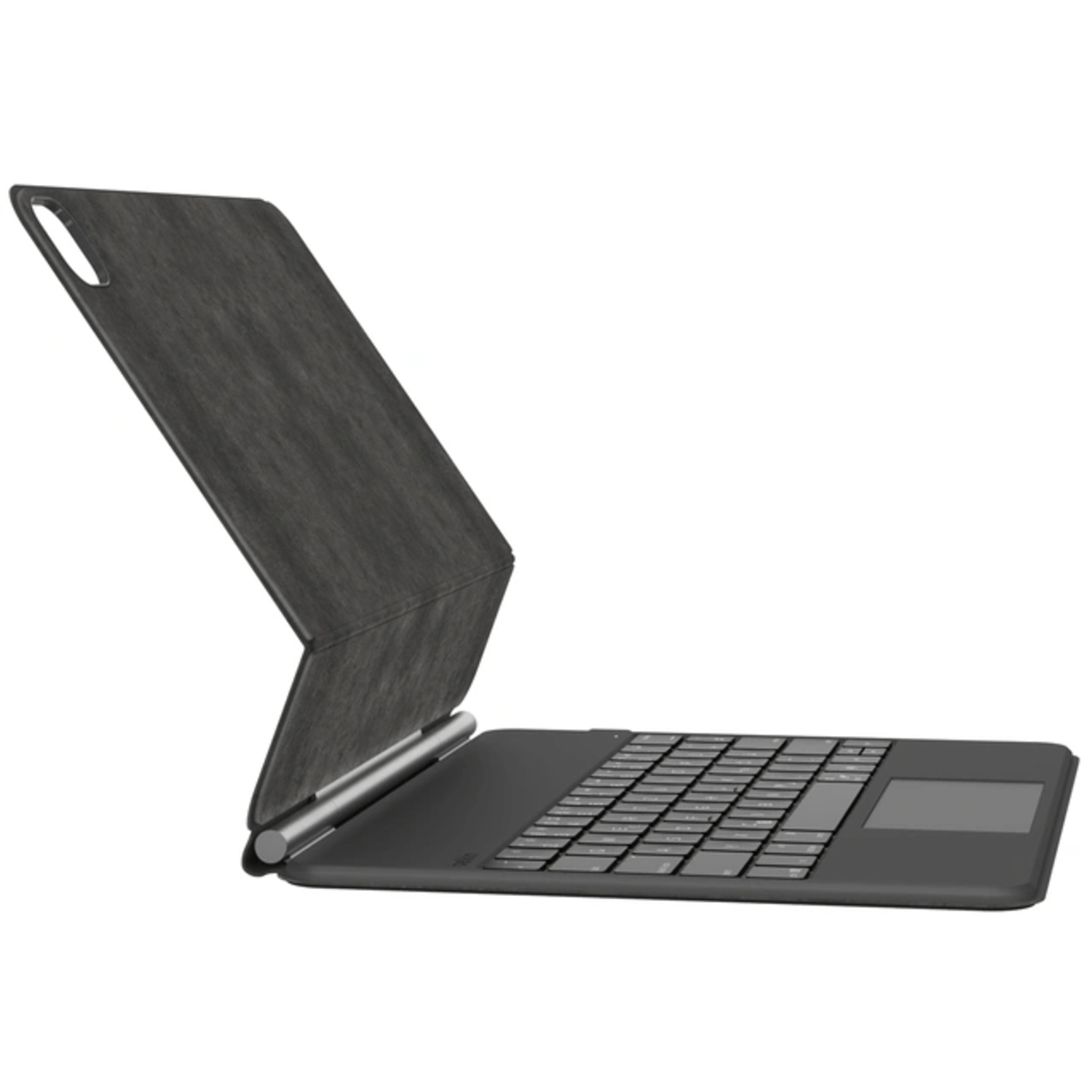 A black tablet keyboard with a dark grey cover, in an angled, open position on a white background.