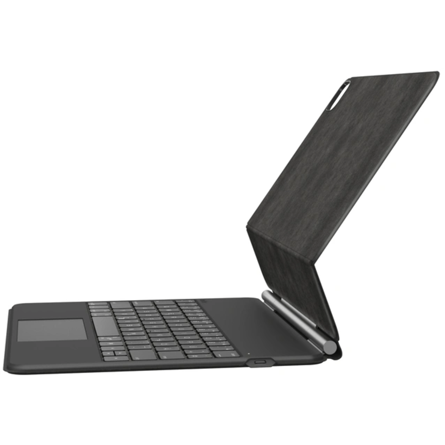 Black tablet with keyboard cover, tilted up.