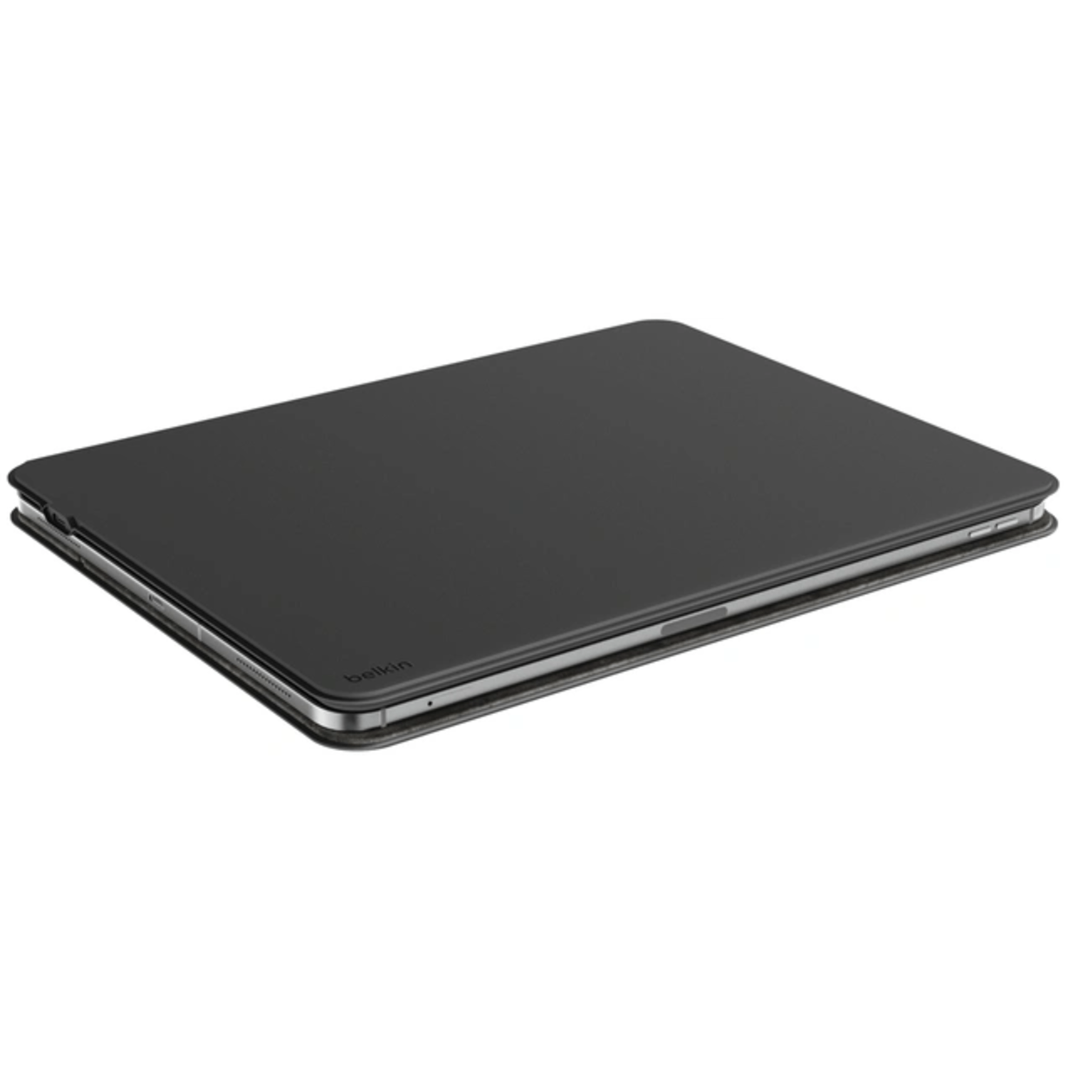 A black tablet case. It is closed and in a slightly angled position.