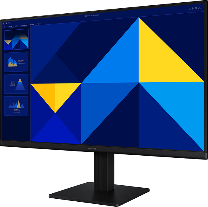 Egy fekete Samsung monitor geometriai mintát jelenít meg. A képernyő fekete állvánnyal rendelkezik, négyzet alakú alappal.