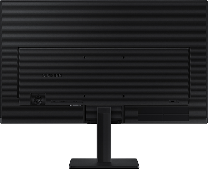 Egy fekete számítógép monitor hátulja. A SAMSUNG logója és különböző csatlakozó portok láthatók. Fekete háttér.