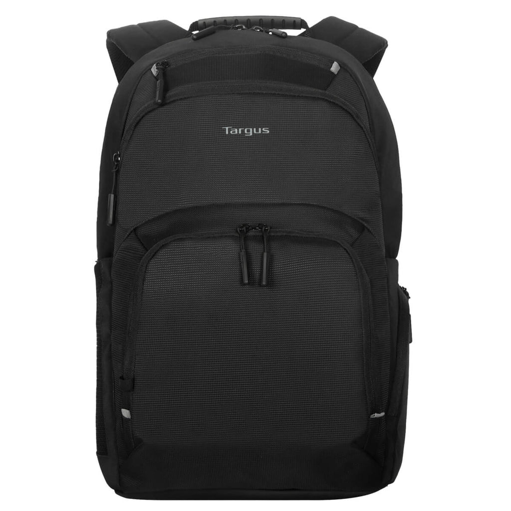 Mochila Targus negra, vista frontal, con múltiples bolsillos y cremalleras.