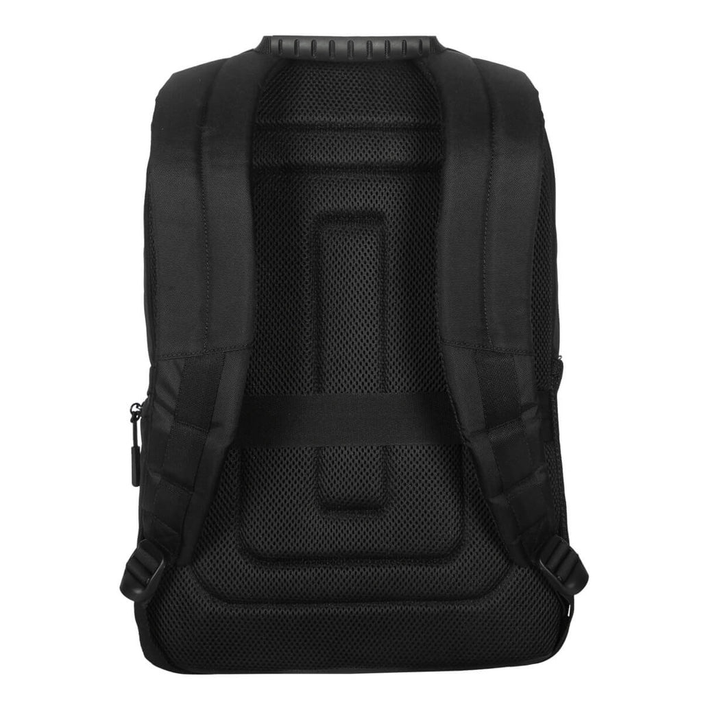 Mochila negra con espalda y correas acolchadas, asa superior y cremallera lateral.