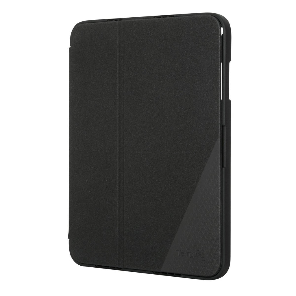 Una funda negra para tableta Targus, cerrada. La funda es negra con una esquina texturizada.
