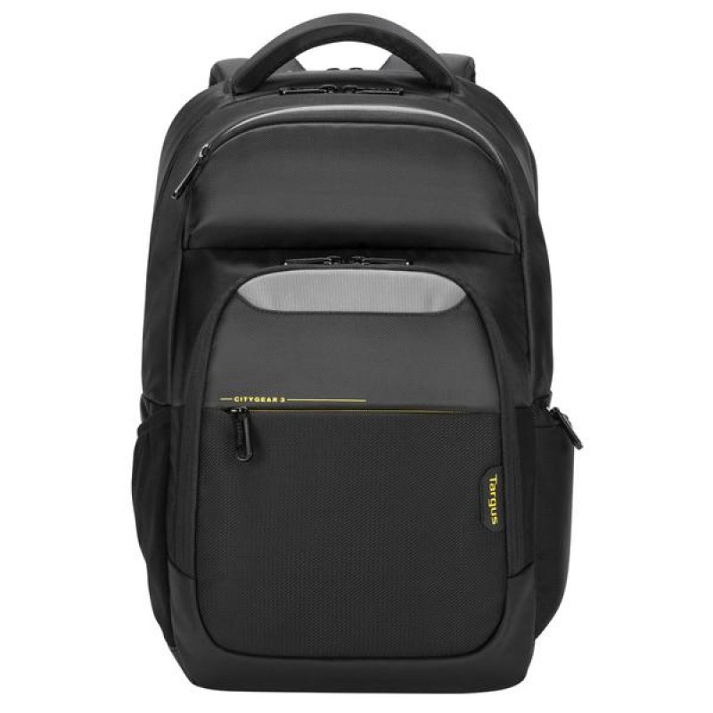 Una mochila negra con detalles grises y amarillos. El logo de Targus es visible.