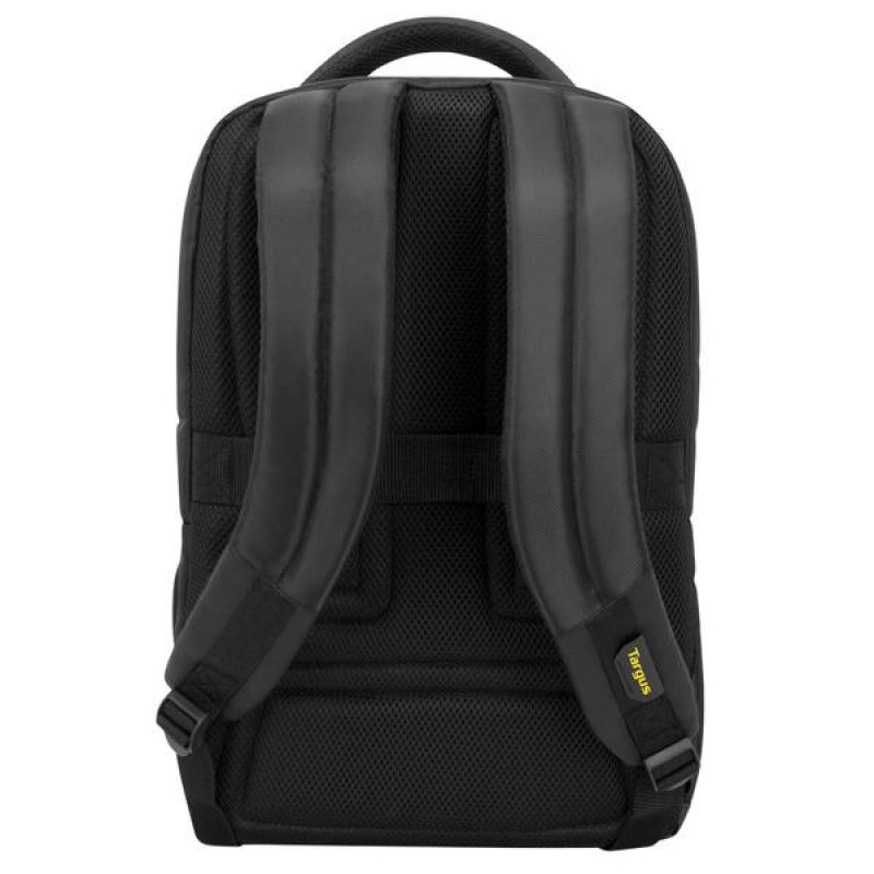 Mochila negra, vista trasera, con correas y espalda de malla, etiqueta Targus.