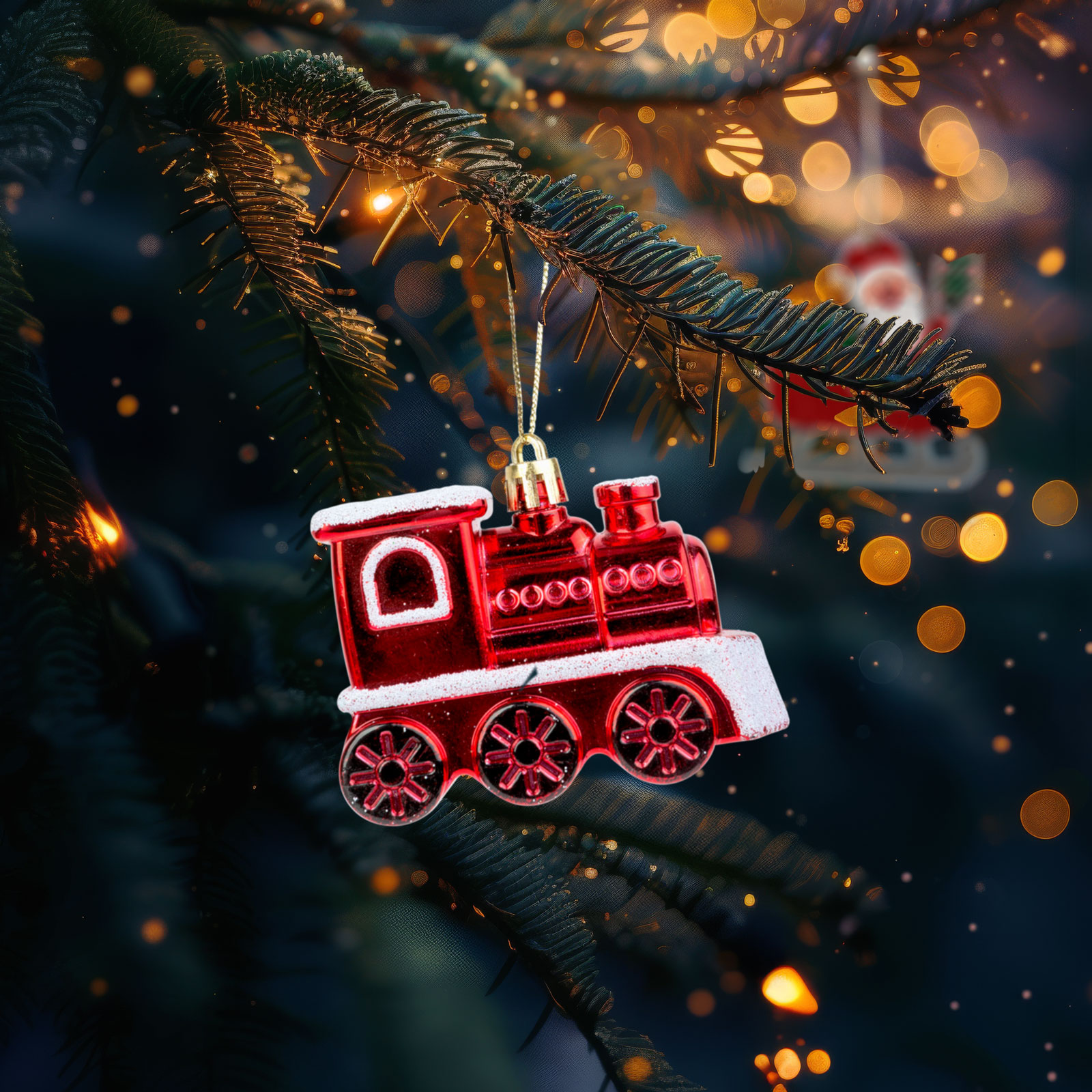 Piros vonatdísz egy karácsonyfa ágán. Arany szál, bokeh fények a háttérben.