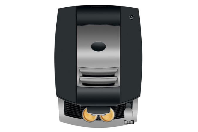 Draufsicht auf eine schwarz-silberne Kaffeemaschine. Zwei Tassen sichtbar.