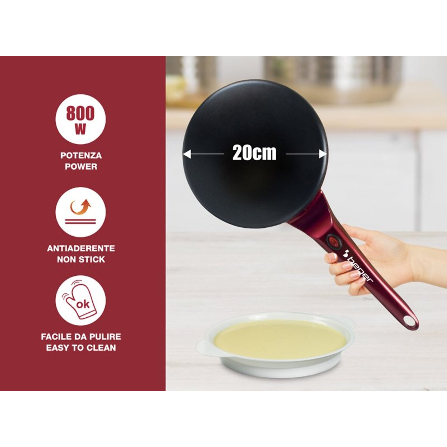 A person's hand holding a black crepe pan with the dimensions and features shown.