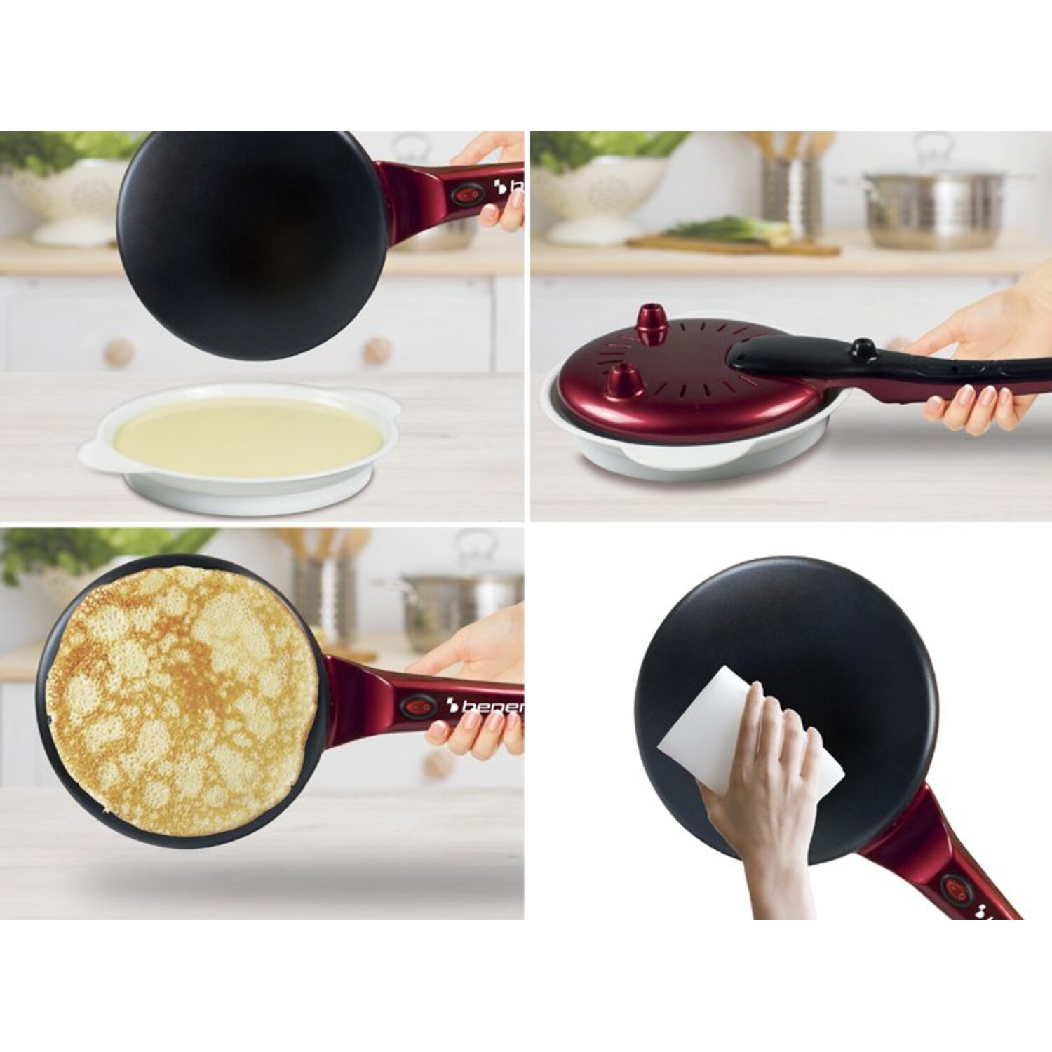Four images of a crepe maker in use, close-up.