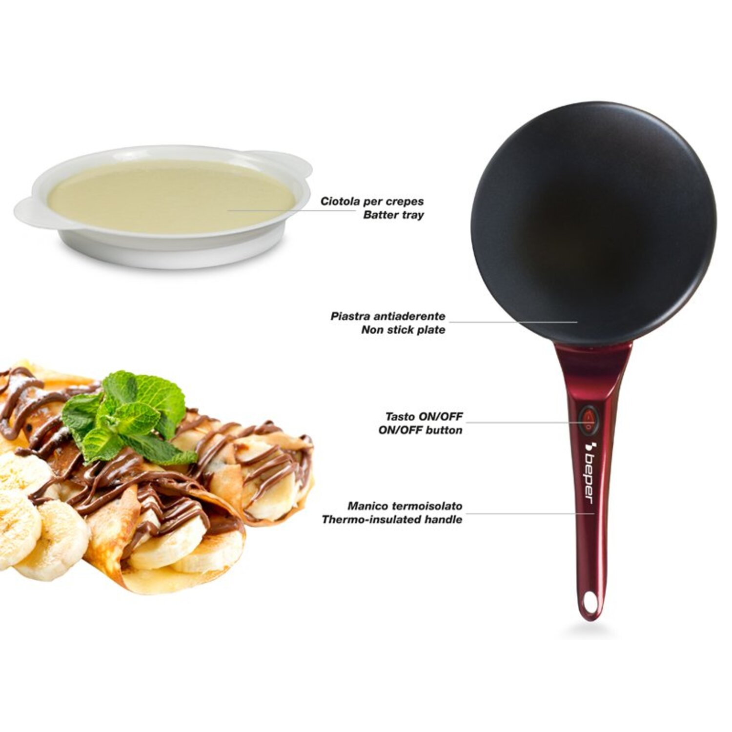 Crepe maker with batter tray, non-stick plate, and a crepe with toppings.