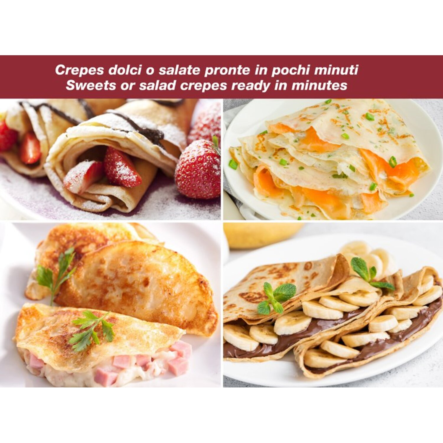 A collage of crepes with various fillings, including strawberries, salmon, and ham.