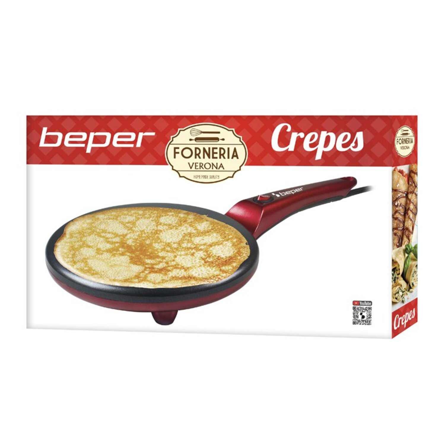 A red crepe maker with a crepe on it, and a box showing crepes.