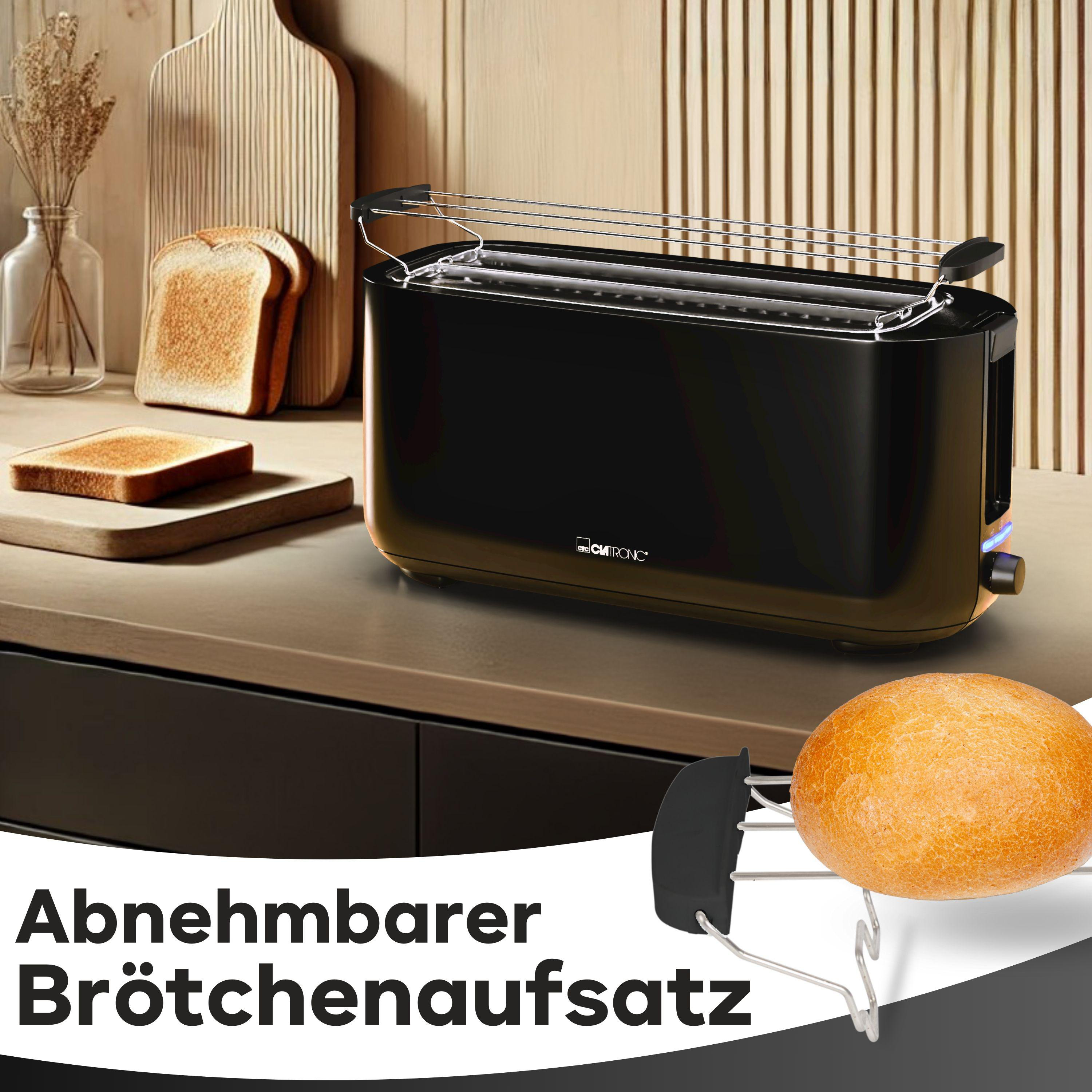 Schwarzer Toaster mit Brot und Brötchenaufsatz. Toast und Brötchen auf der Theke.