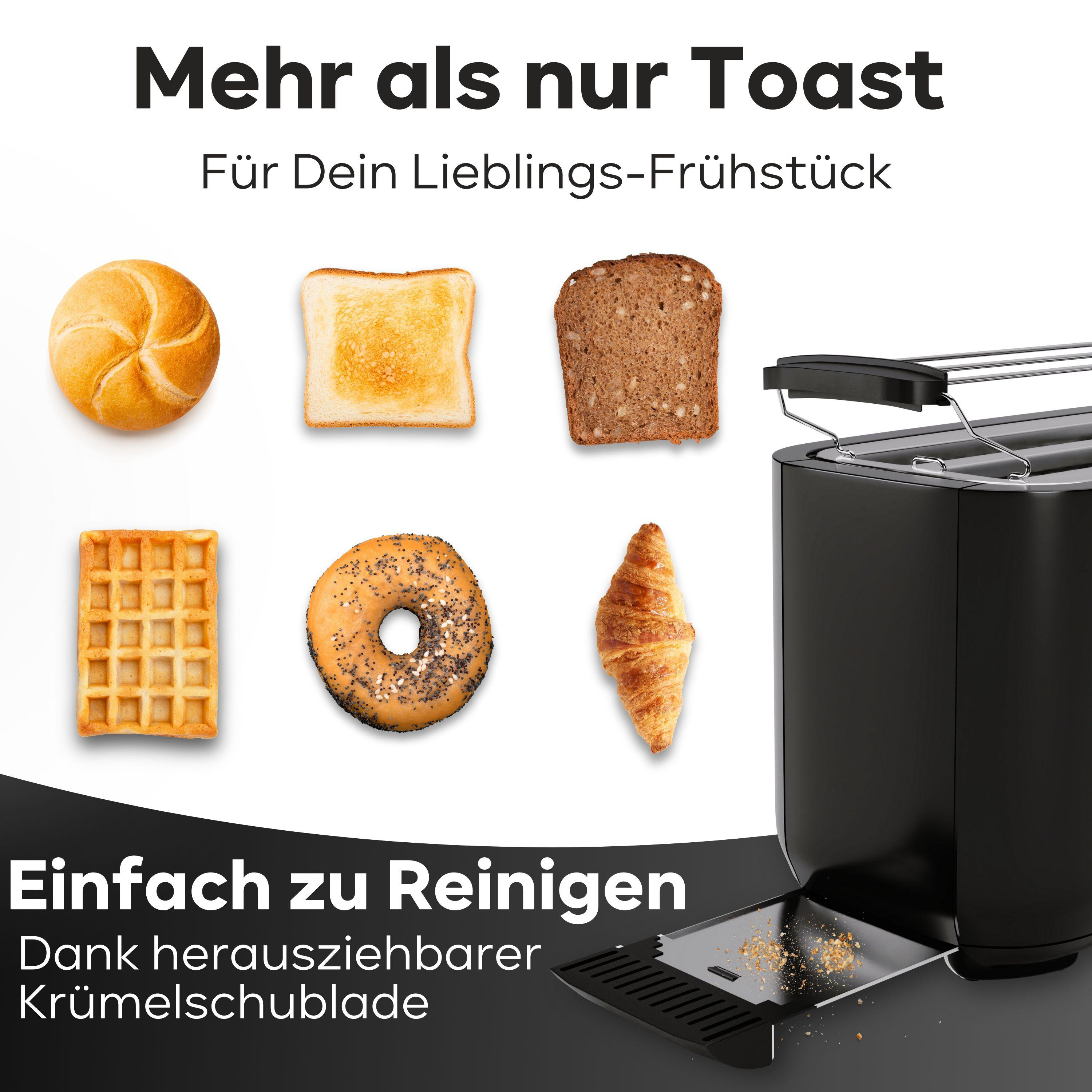 Ein Toaster mit verschiedenen Brotsorten. Text: Mehr als nur Toast. Einfach zu reinigen.