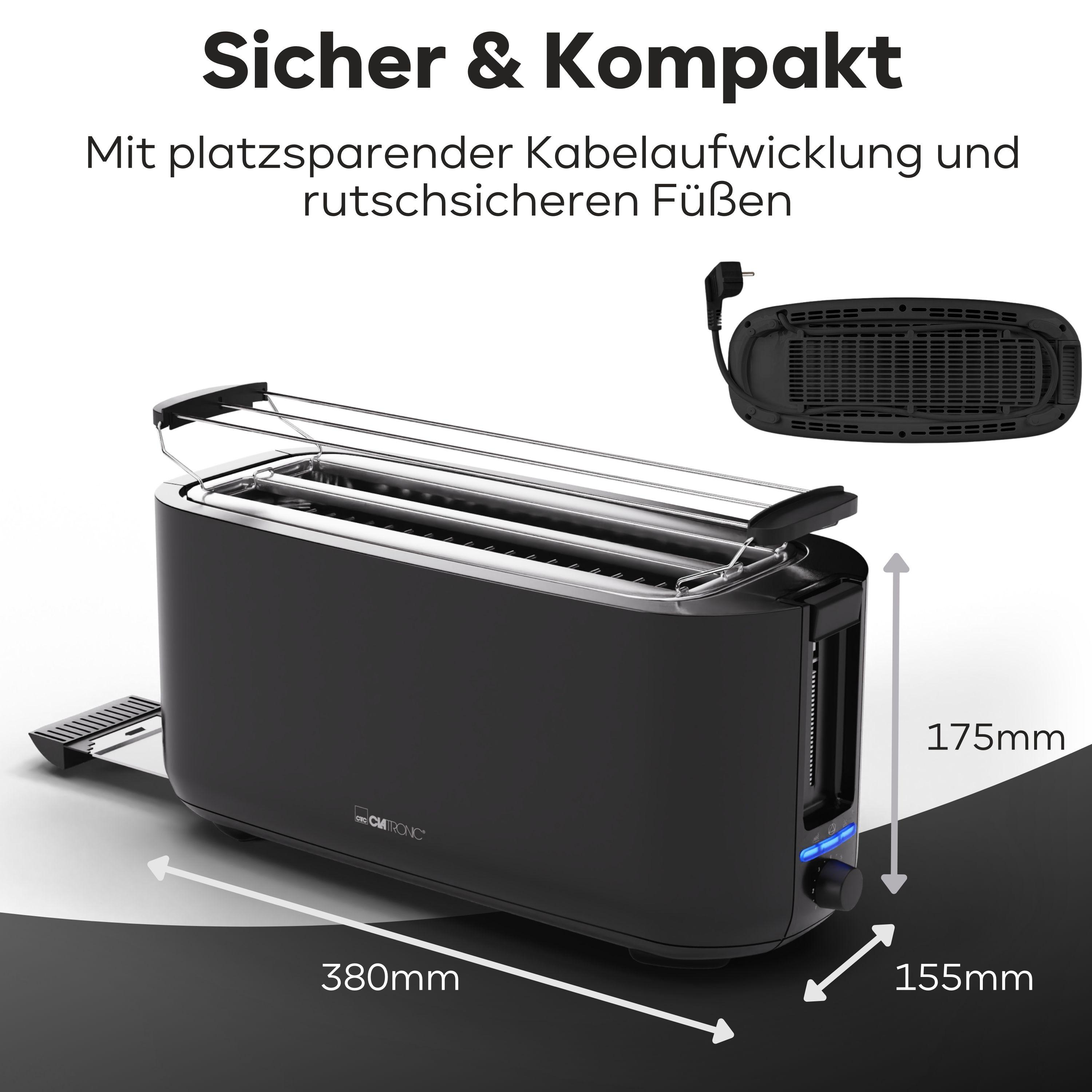 Schwarzer Toaster mit Maßen. Eine zweite Ansicht des Bodens wird gezeigt. Text ist vorhanden.