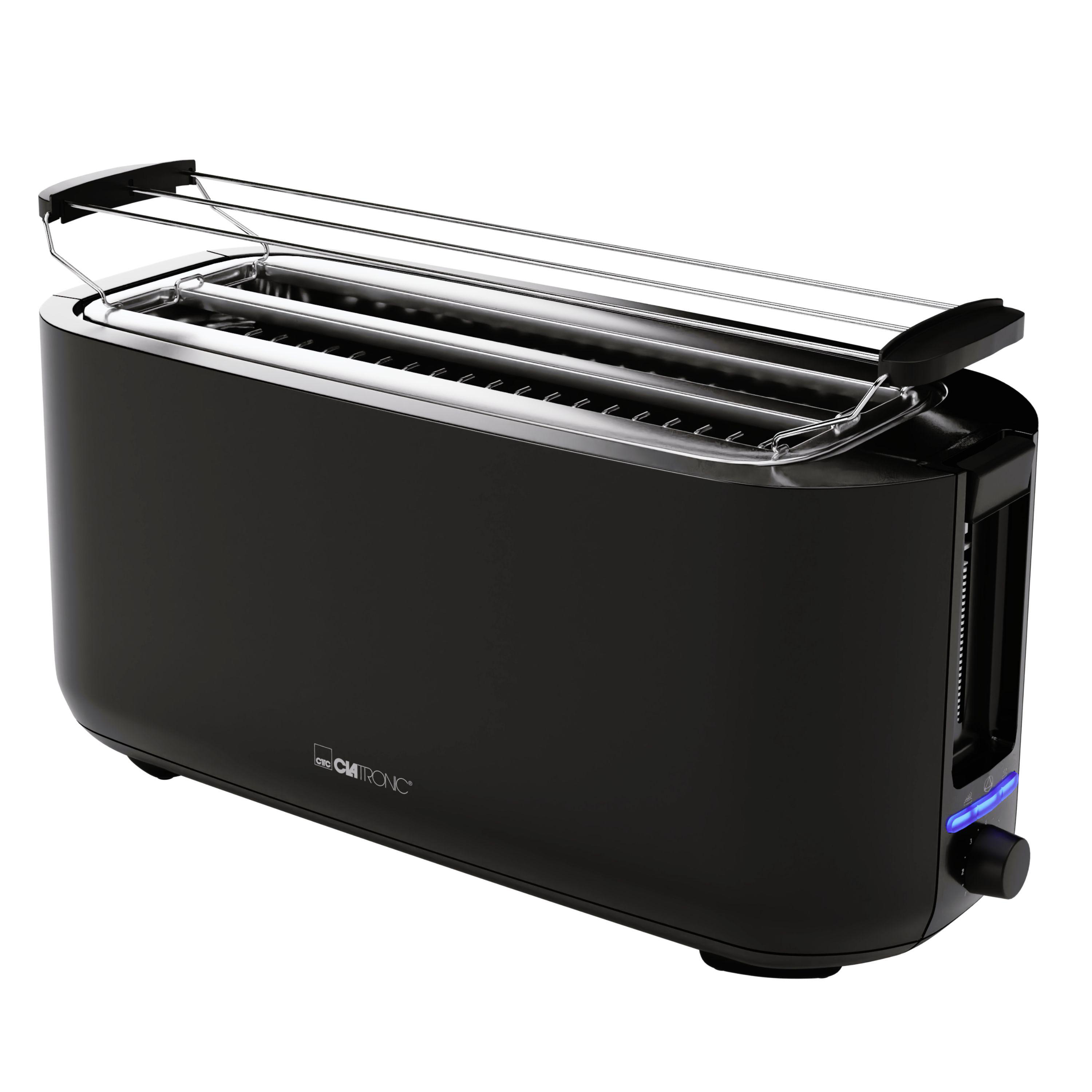 Schwarzer Toaster mit zwei Schlitzen und einem Chromgestell. Drehknopf mit blauem Licht. Weißer Hintergrund.