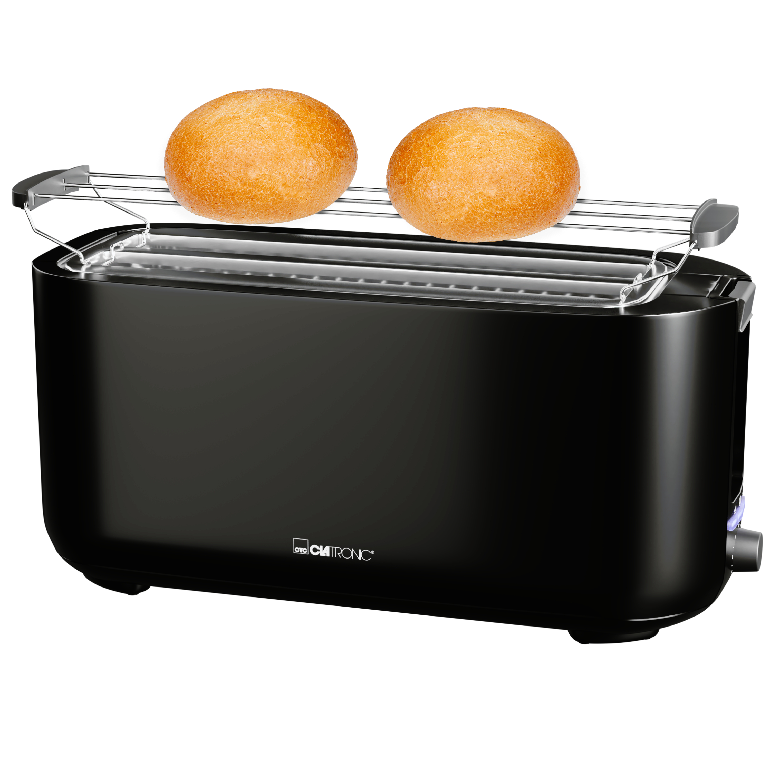 Schwarzer Toaster mit zwei getoasteten Brötchen oben. Das Gerät steht auf weißem Hintergrund.