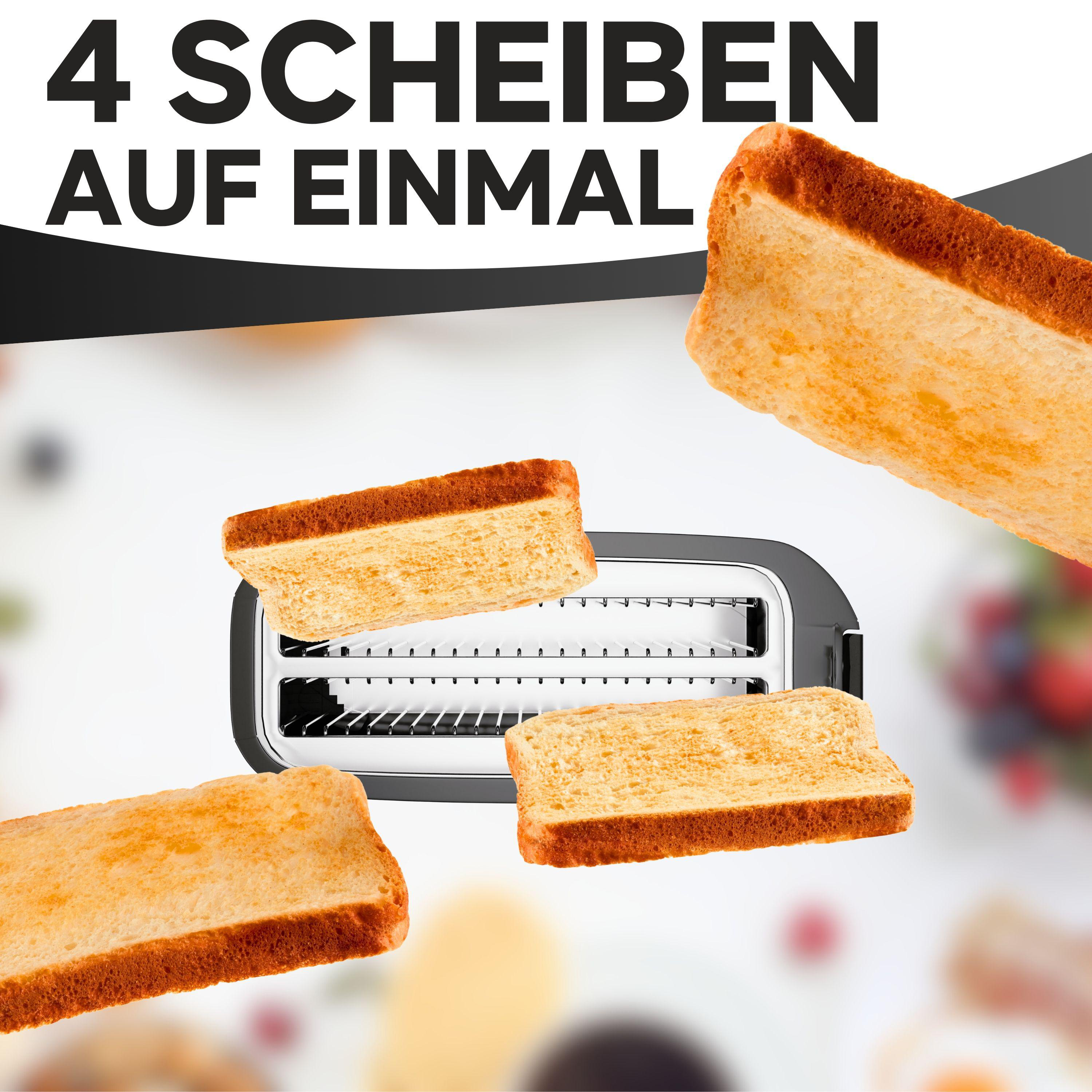 Toaster mit vier Toastscheiben, die wegfliegen. Text: 4 Scheiben auf einmal.