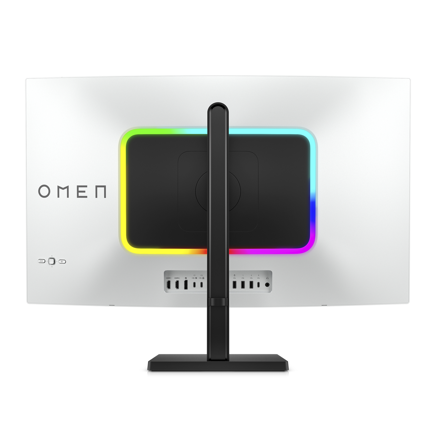 White computer monitor back, OMEN logo, with colorful lights around the edges.