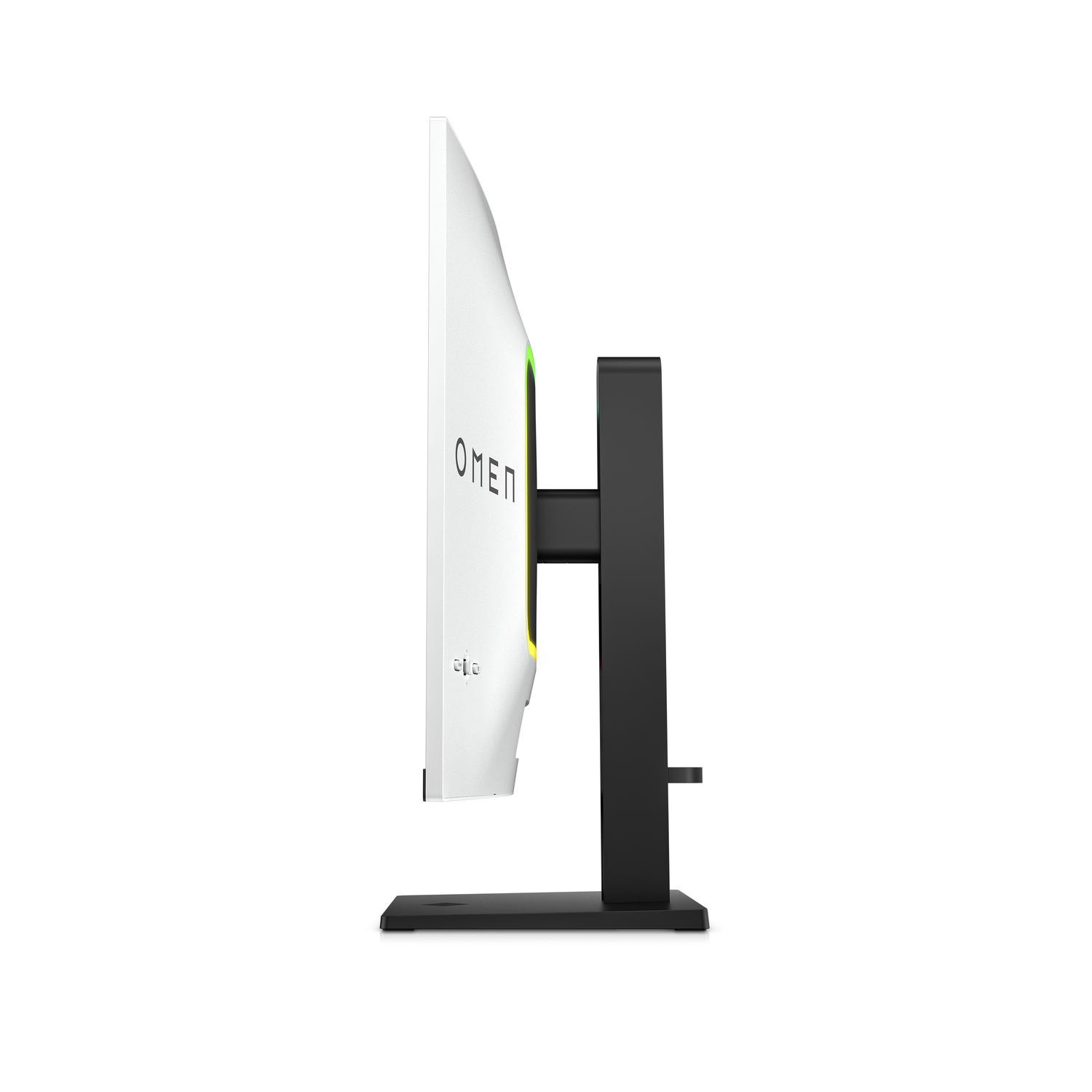 A side view of a white monitor with a black stand, OMEN logo on the side.