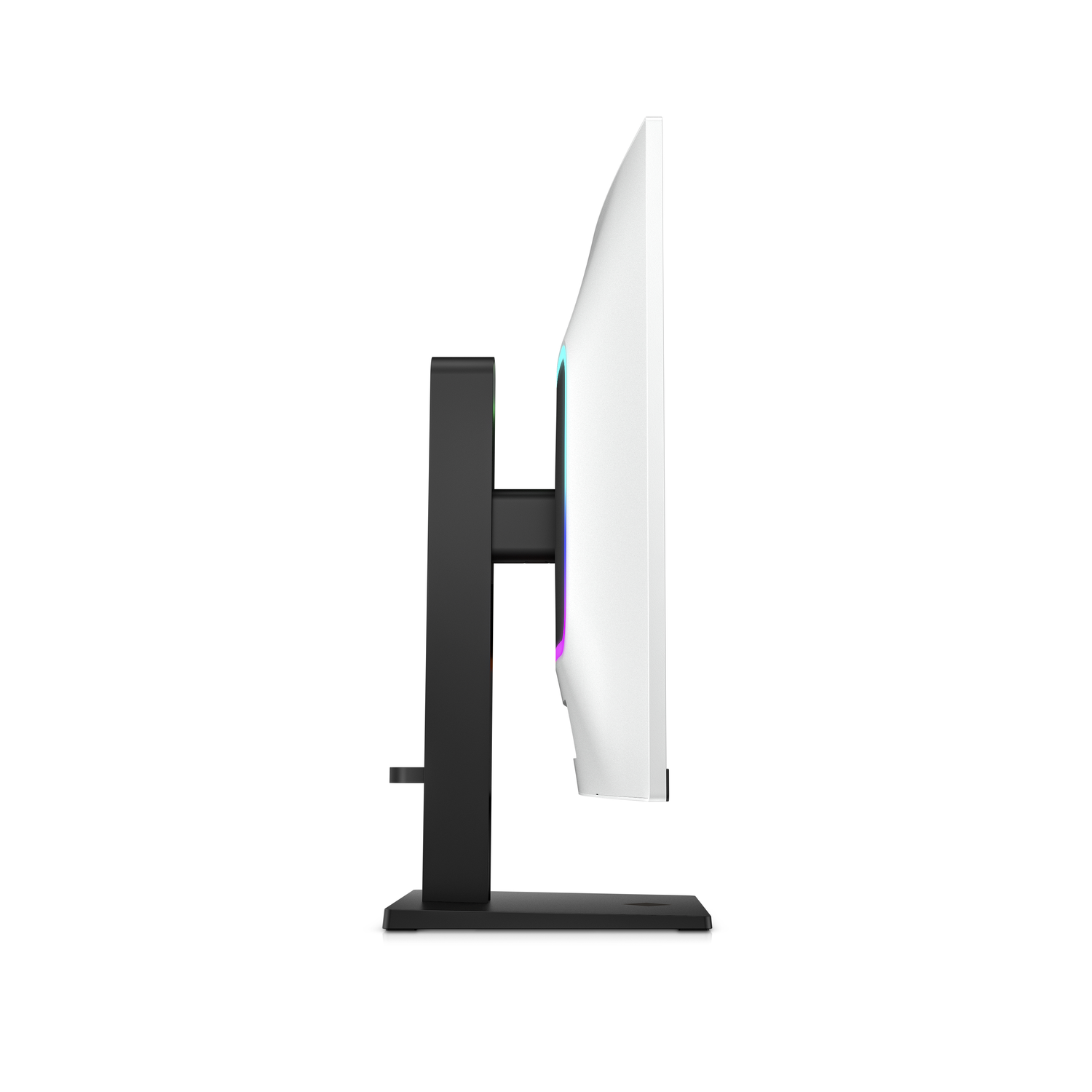 A side view of a white and black monitor with a stand. The screen is white.