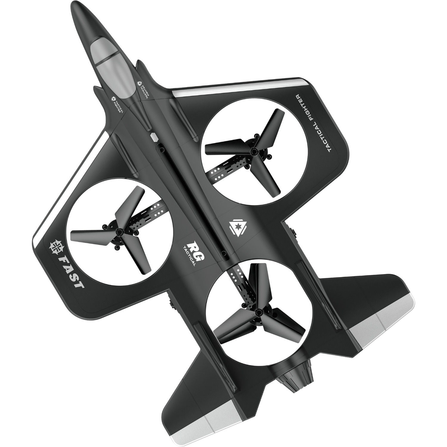 Black jet model with three propellers, white background.