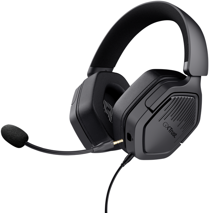 Fekete gamer headset mikrofonnal. Trust logóval. Fekete háttér.
