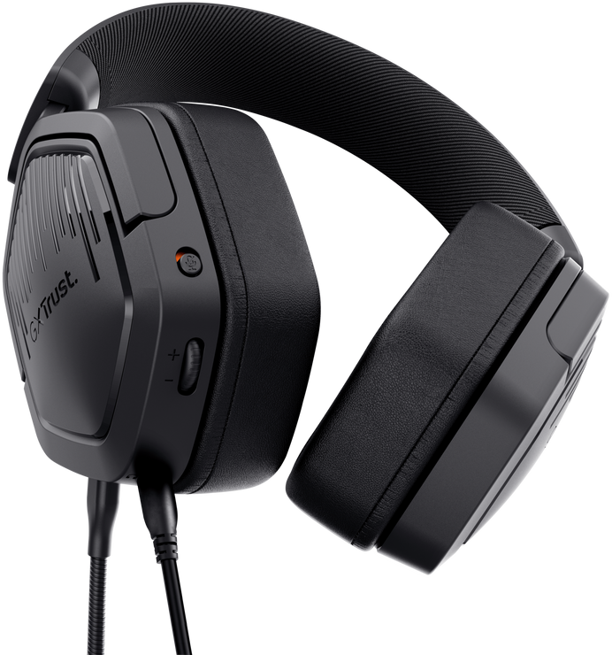 Fekete gamer headset vezérlőkkel a bal fülkagylón. Mikrofont és kábelt tartalmaz.