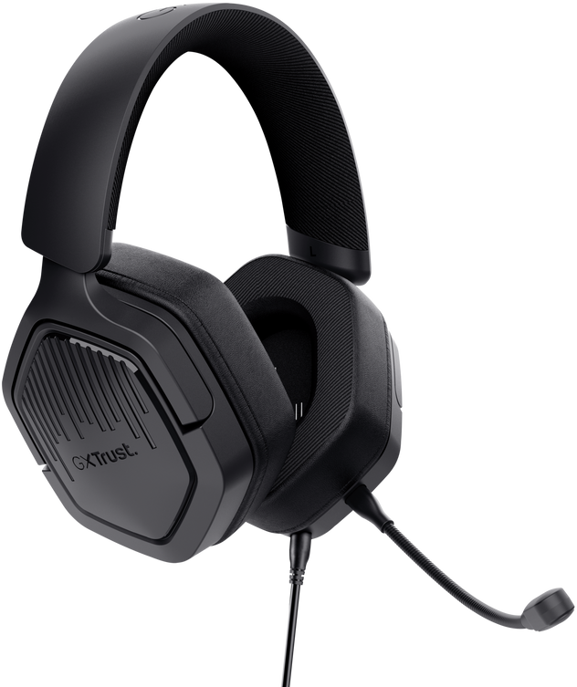 Fekete gamer headset mikrofonnal. A headset egyszerű, sötét háttéren van.
