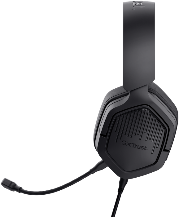 Fekete gamer headset mikrofonnal, fekete háttéren.