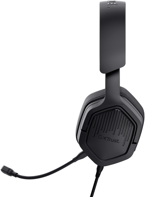 Fekete gamer headset, közelkép, mikrofonnal és a márkanévvel, feketén izolálva.