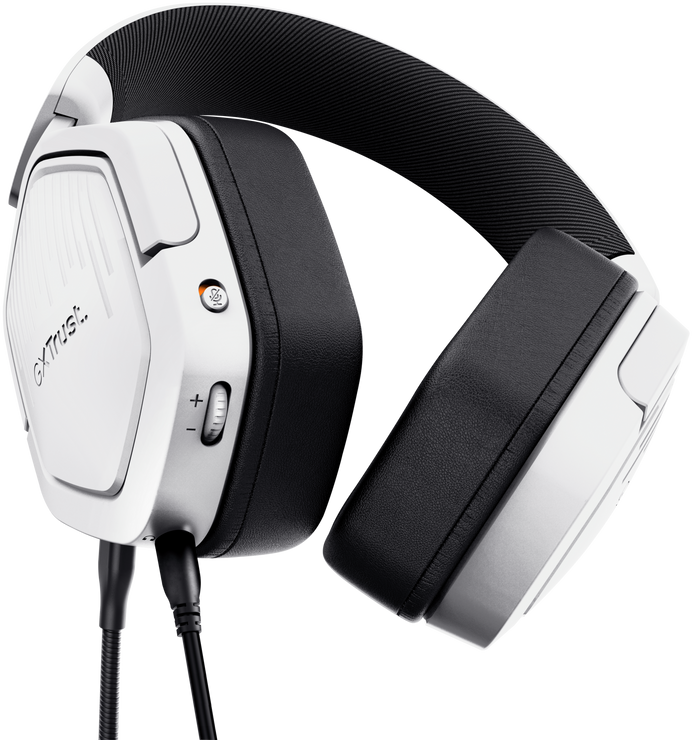 Fehér-fekete gamer headset hangerőszabályzókkal.