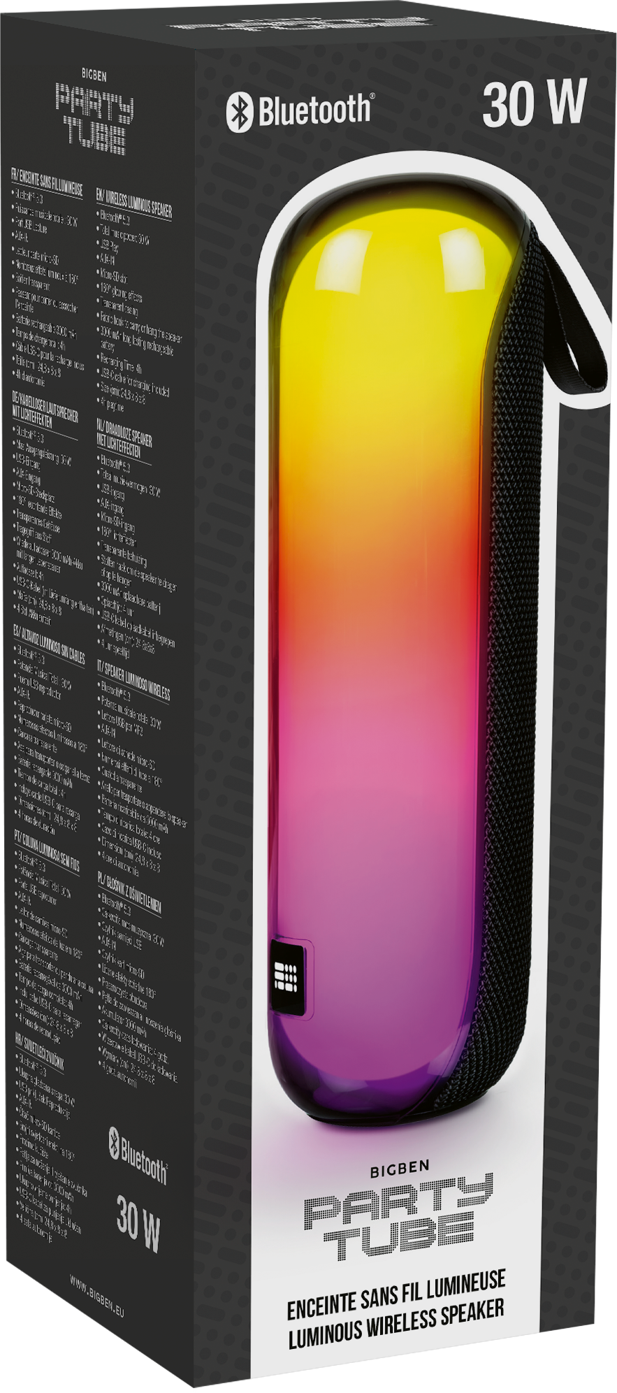 Egy hengeres hangszóró doboz, színátmenettel, a 'Party Tube' és a 'Wireless Luminous Speaker' felirattal.
