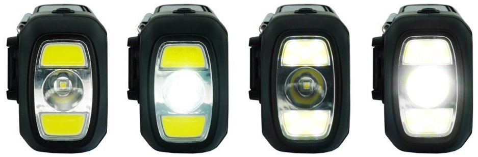 Cztery czarne reflektory o różnych wzorach światła. Światła są żółte i białe, pokazujące różne natężenia.