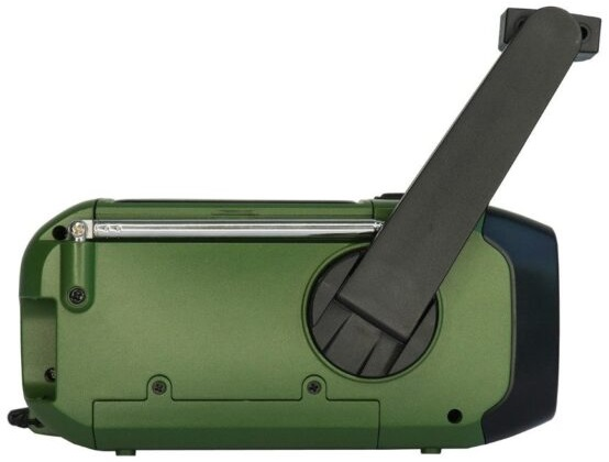 Zielone radio na korbę z czarną korbą, widok z boku.