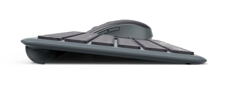 Ergonomiczny zestaw klawiatura i mysz, kolor szary, widok z boku.