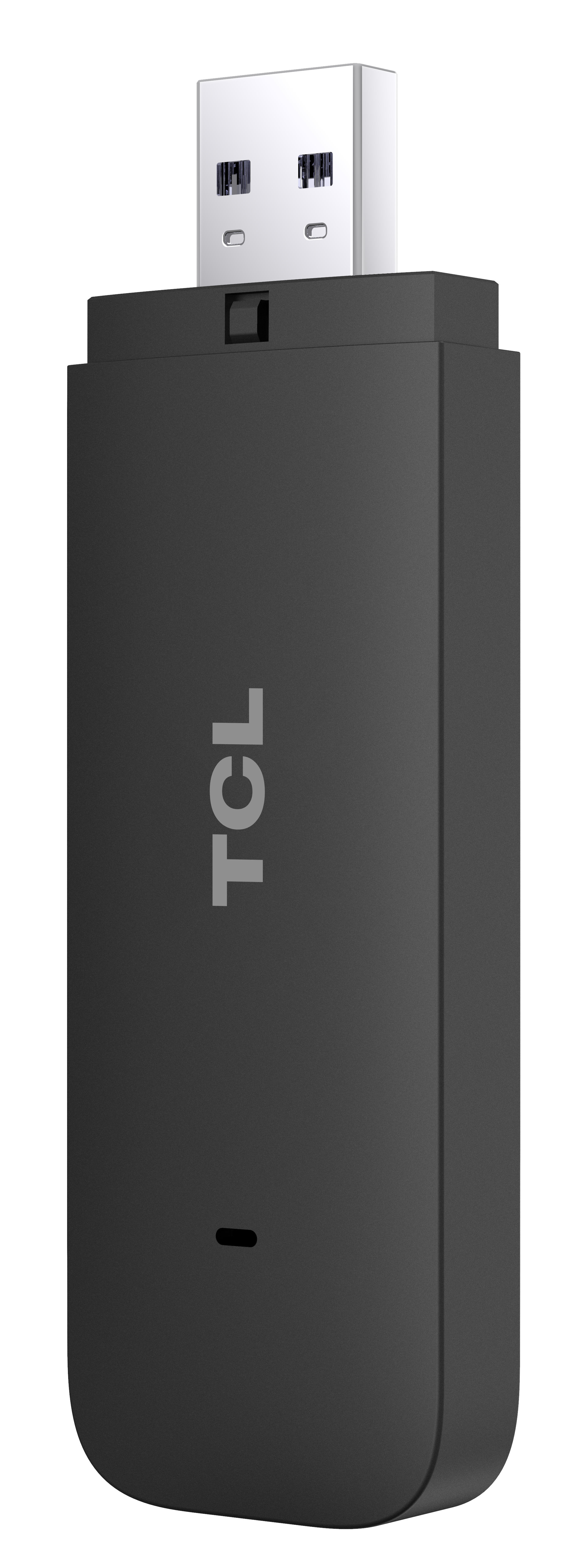 Czarny klucz sprzętowy USB TCL z widocznym logo marki, na białym tle.