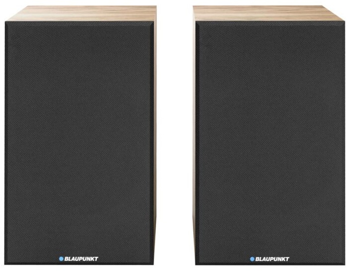 Dwa czarne głośniki z niebieskim logo i drewnianą górą.