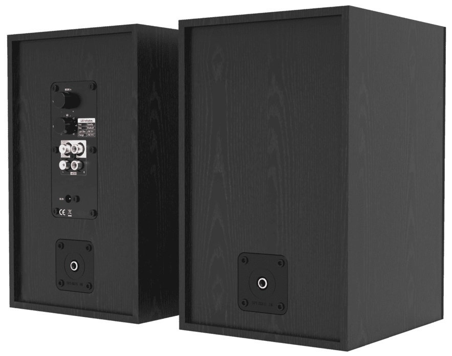 Para czarnych głośników z wykończeniem imitującym drewno. Widok z tyłu z portami i elementami sterującymi. Białe tło.