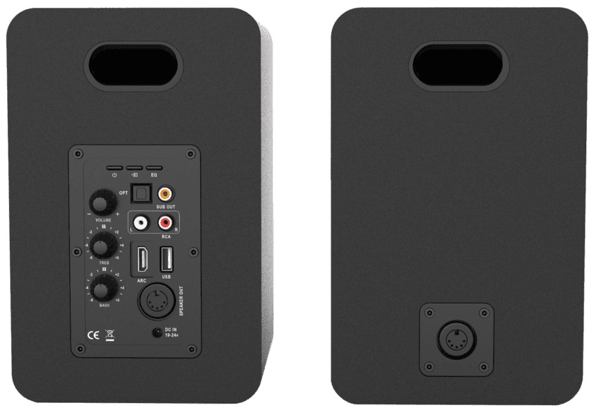 Dwa czarne tyły głośników z różnymi portami i elementami sterującymi. Jeden ma pokrętła głośności, basów i tonów wysokich.