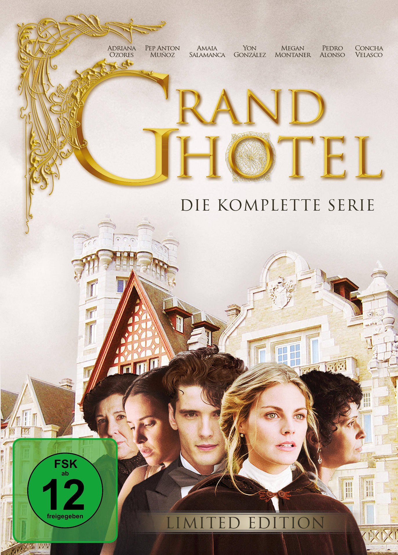 DVD-Cover für die Serie Grand Hotel. Zeigt eine Gruppe von Schauspielern vor einem Gebäude.