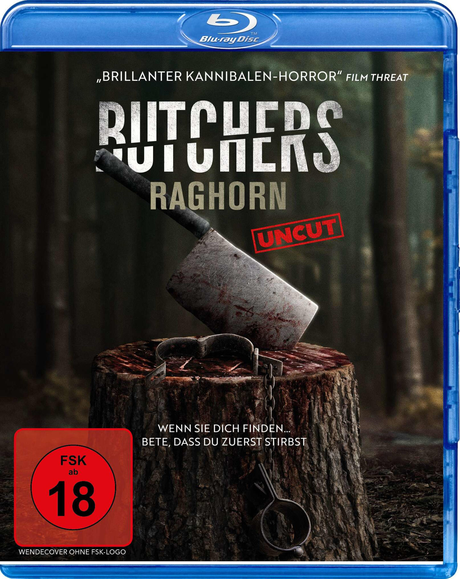 Blu-ray-Cover: Fleischermesser auf Baumstumpf. Text: Butchers Raghorn, FSK 18.