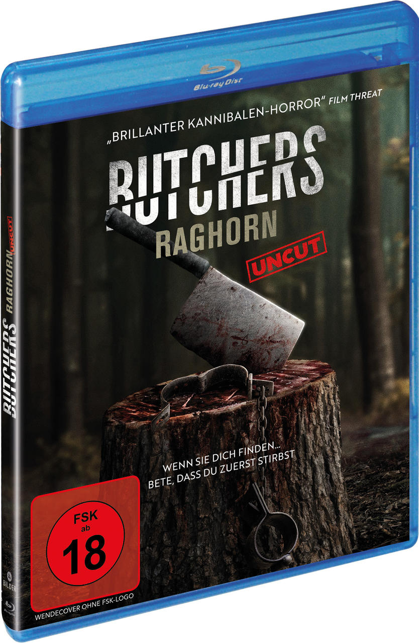 Ein Filmcover: Titel ist 'Butchers', eine Axt auf einem Holzstumpf. Die Bewertung ist FSK 18 mit Waldboden.