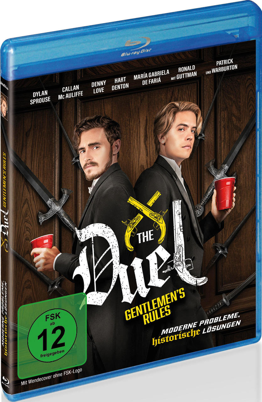 Blu-ray-Disc-Cover mit zwei Männern in Anzügen, Schwertern und dem Titel „The Duel“.