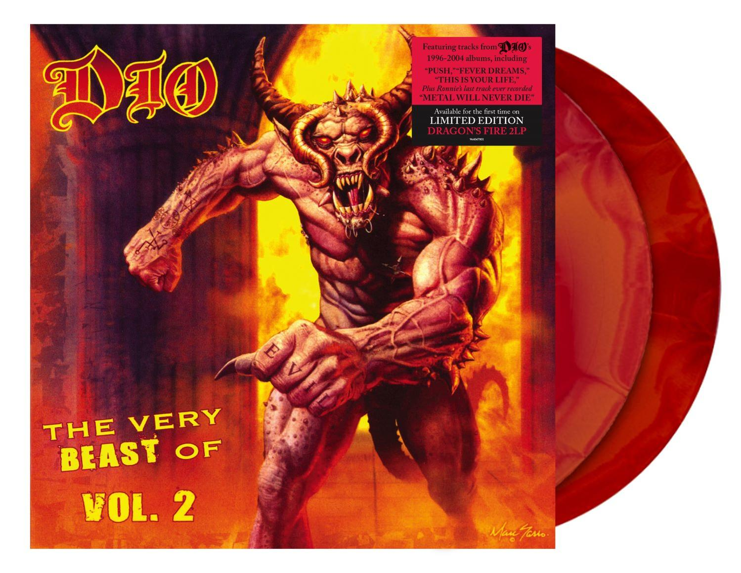 Vinyl-Schallplattenhülle, 'The Very Beast of Vol. 2', mit einer roten dämonenartigen Figur. Orange und rote Vinyl.