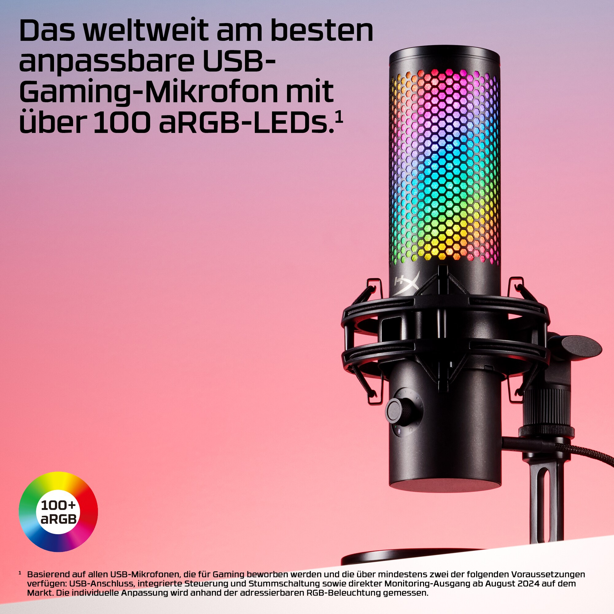 Ein schwarzes Mikrofon mit mehrfarbigen Lichtern. Es hat '100+ aRGB LEDs'. Ein rosa und lila Hintergrund.