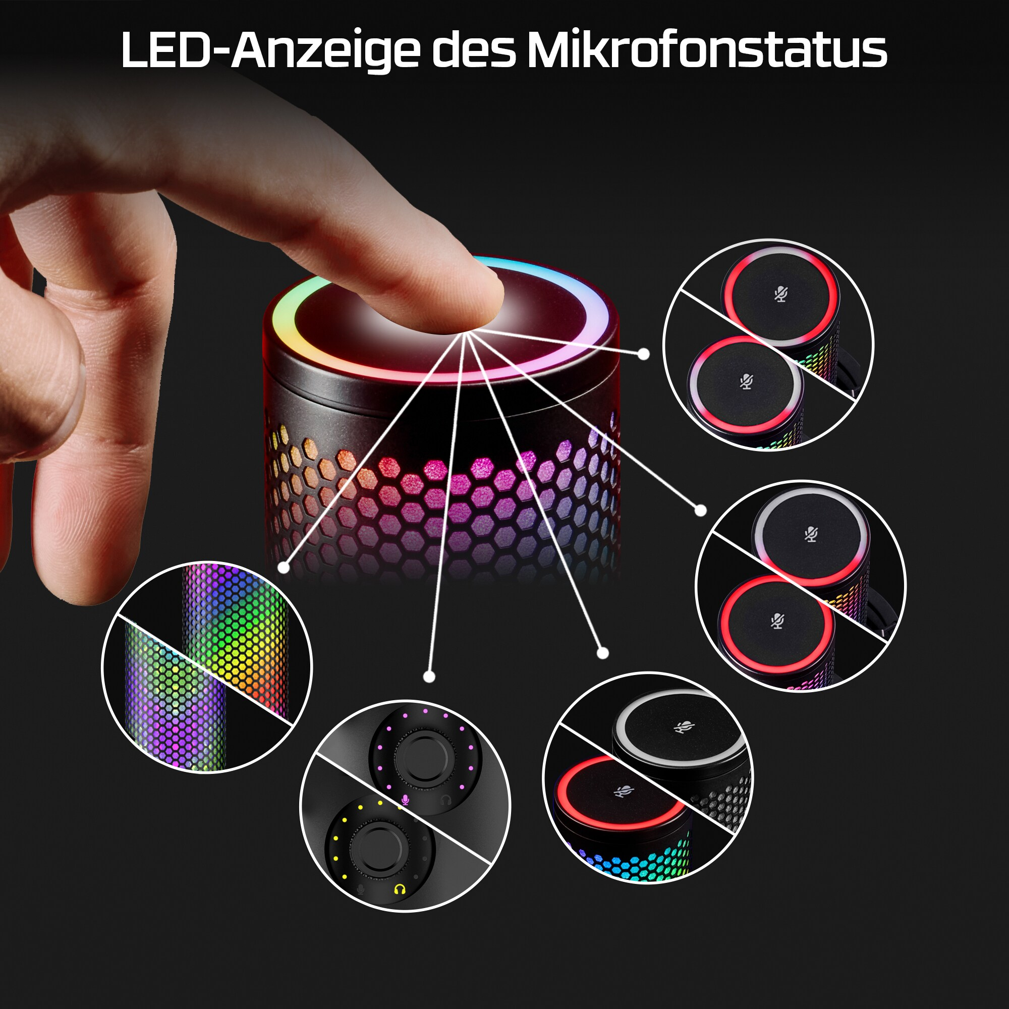 Eine Hand berührt einen Lautsprecher mit leuchtenden Lichtern. Es gibt Diagramme, die Farbindikatoren und Status zeigen.