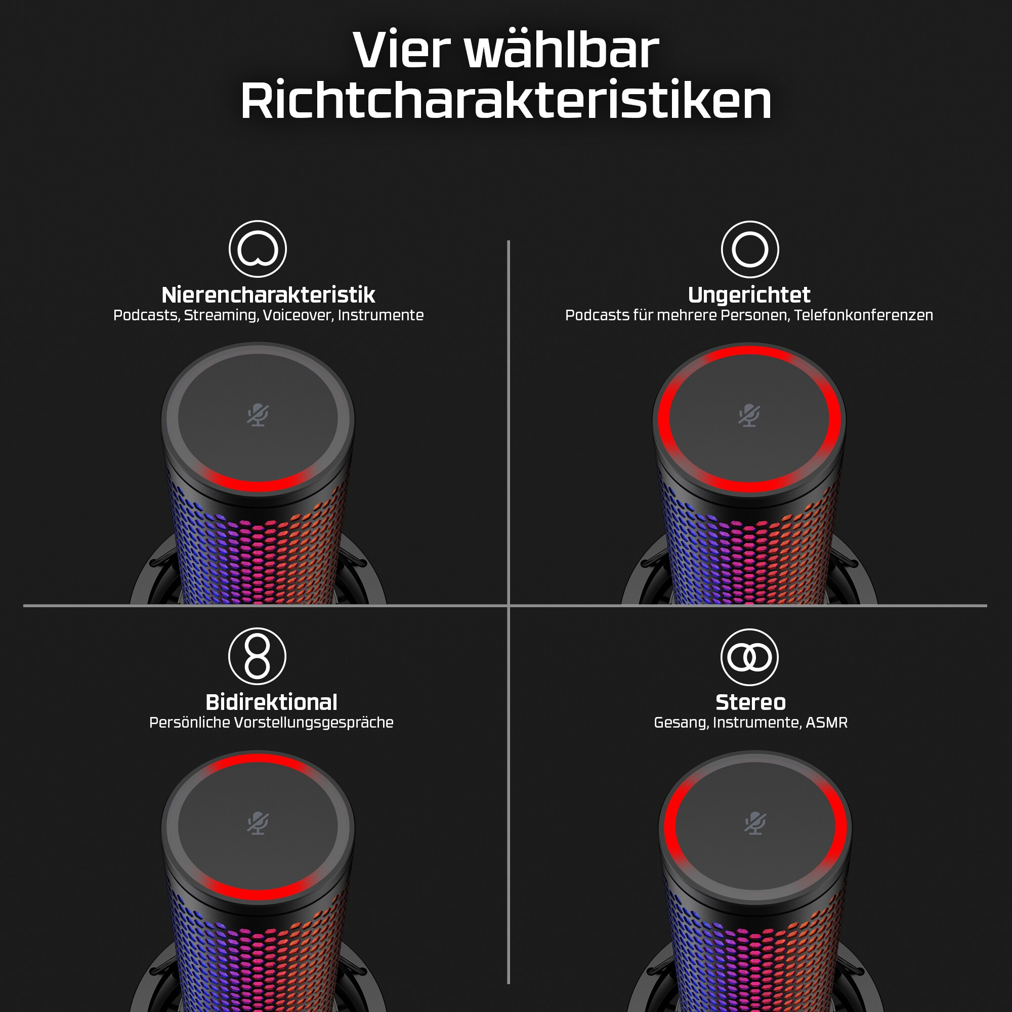 Vier Mikrofone mit roten Lichtern oben, jedes mit einer anderen Einstellung.